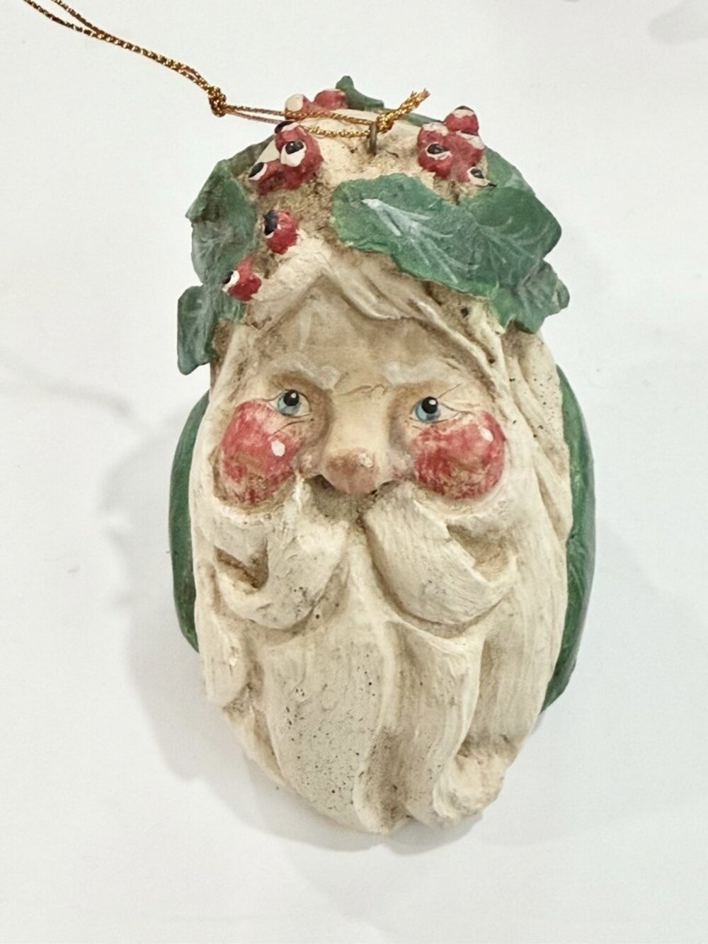House of Hatten 1988 Santa Face Christmas Ornament Holly Berries Folk Art 3in